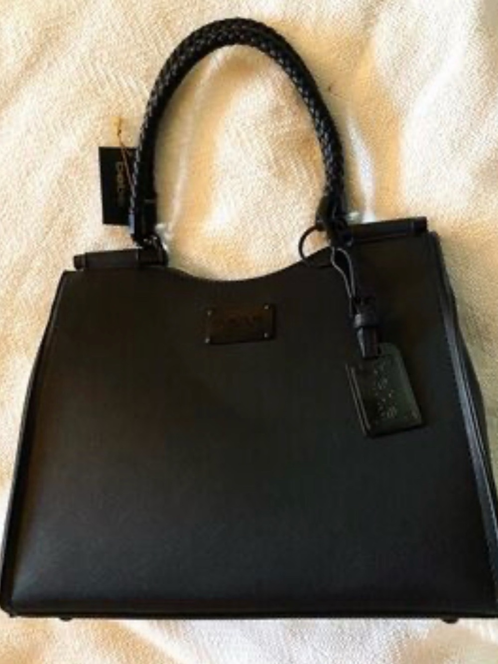 bebe Black Structured Satchel with Braided Handles